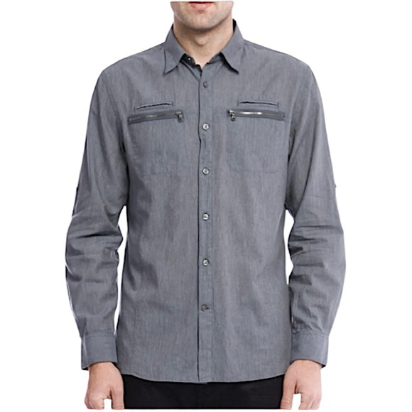 John Varvatos Star Grey Zip Pocket Button Up Shirt, Dark Grey, Size L - Picture 1 of 12
